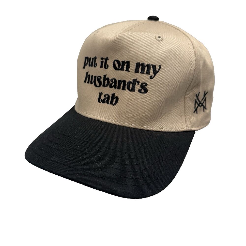 Put It On My Husbands Tab Trucker Hat Tan Black Snapback Adjustable EUC